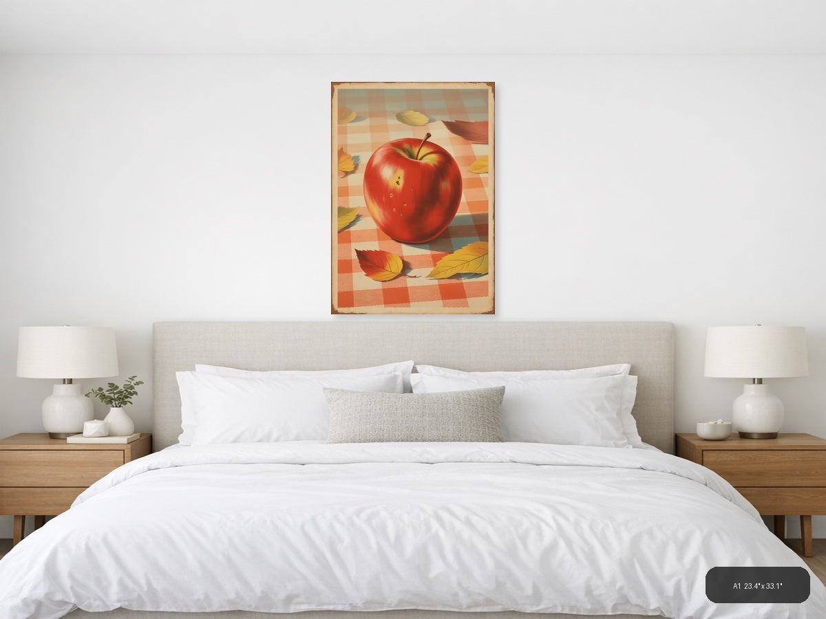 Red Apple with Autumn Leaves Vintage Checkered Wall Art — A1 / Bedroom