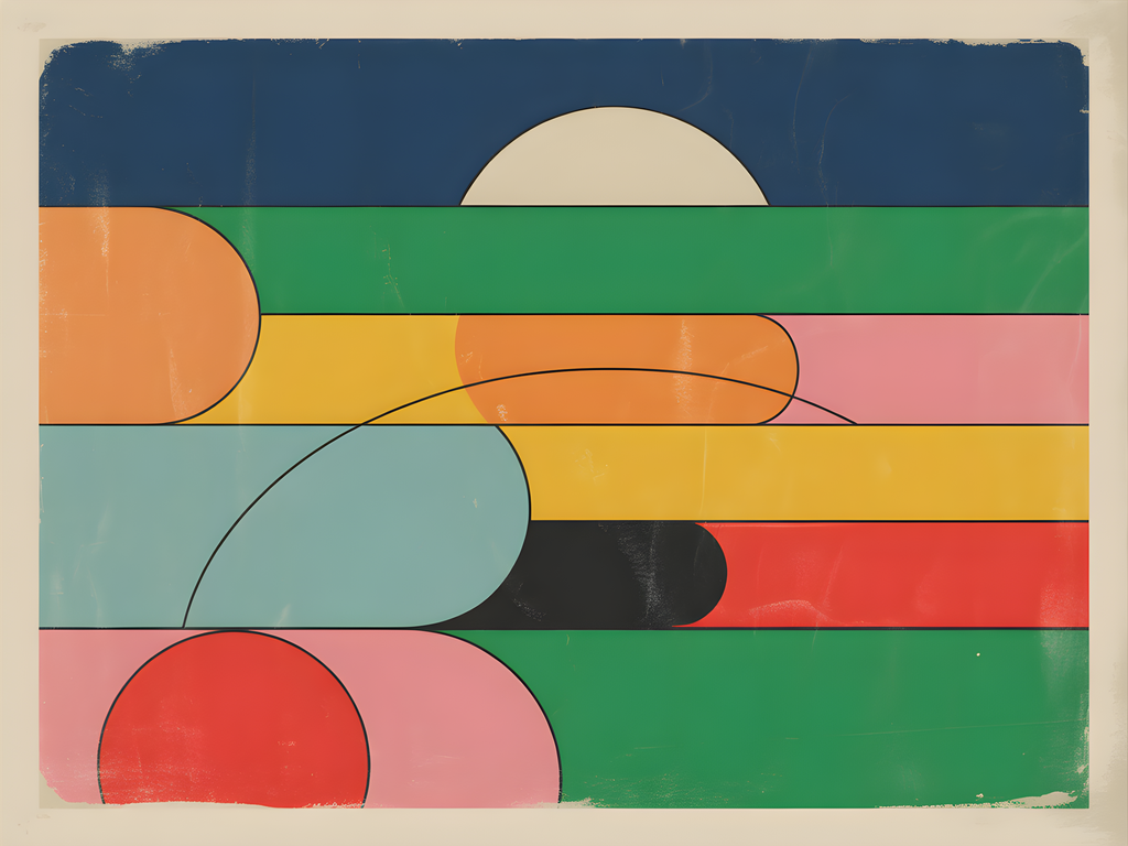 Vintage Retro Geometric Landscape with Layered Circles Wall Art