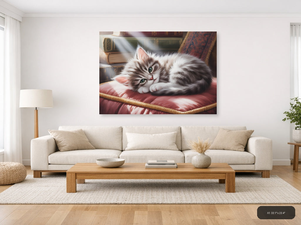 Fluffy White Cat Watercolor Portrait Wall Art — A1 / Living Room