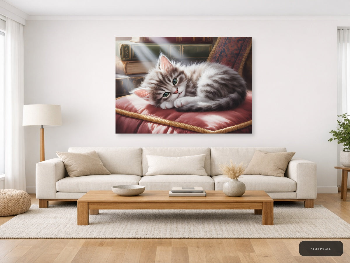 Fluffy White Cat Watercolor Portrait Wall Art — A1 / Living Room