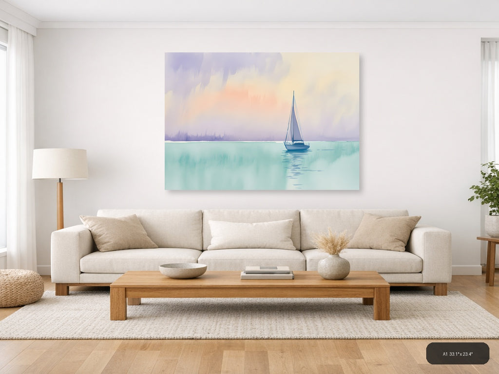 Sailboat on Turquoise Waters Watercolor Wall Art — A1 / Living Room
