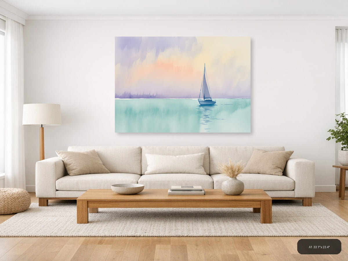 Sailboat on Turquoise Waters Watercolor Wall Art — A1 / Living Room