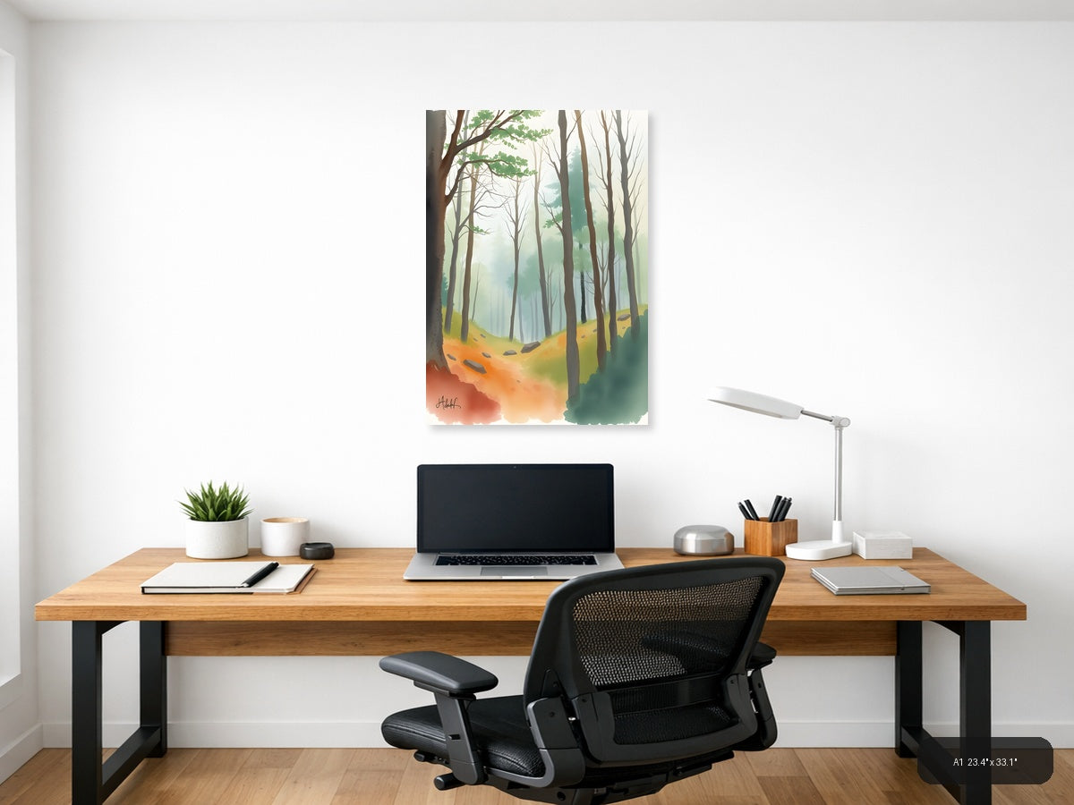 Misty Forest Path Watercolor Wall Art — A1 / Office