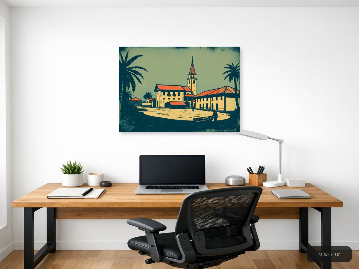 Vintage Tropical Church Landscape Wall Art — A2 / Office