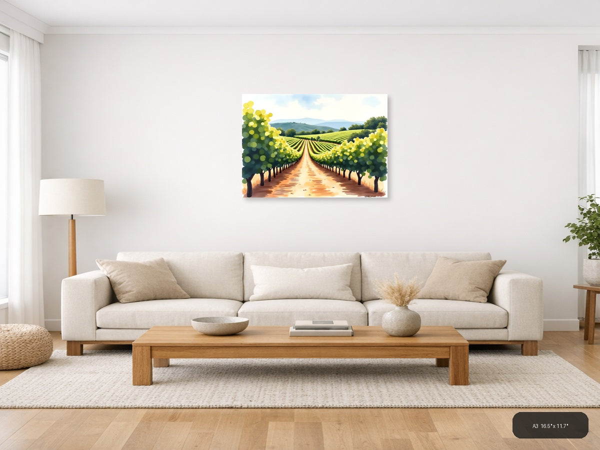 Vineyard Path Watercolor Landscape Wall Art — A3 / Living Room