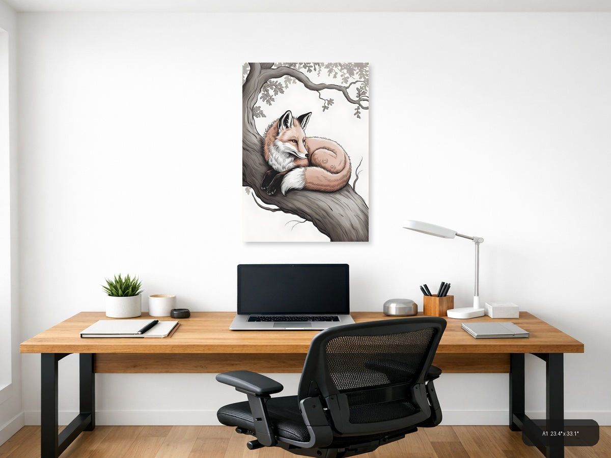 Resting Fox Under Oak Tree Line Art Wall Art — A1 / Office