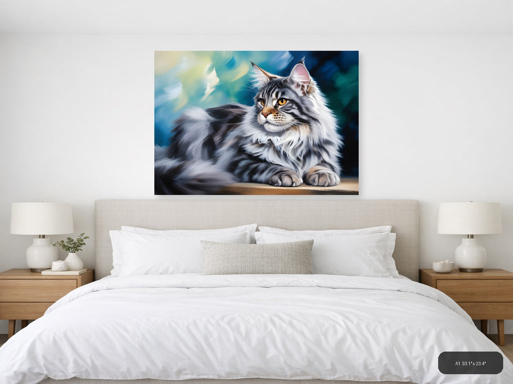 Majestic Tabby Cat with Golden Eyes Abstract Wall Art — A1 / Bedroom