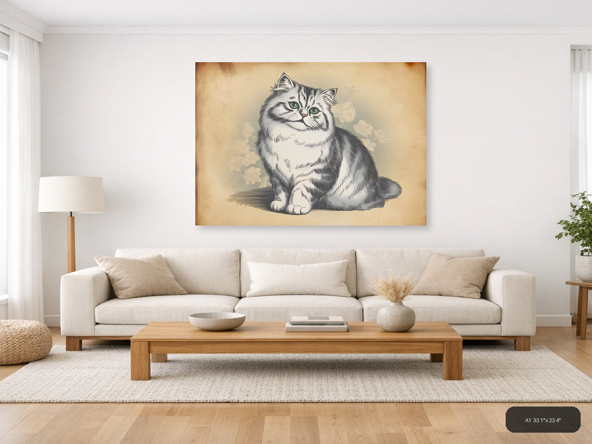 Vintage Fluffy Cat with Green Eyes Illustration Wall Art — A1 / Living Room
