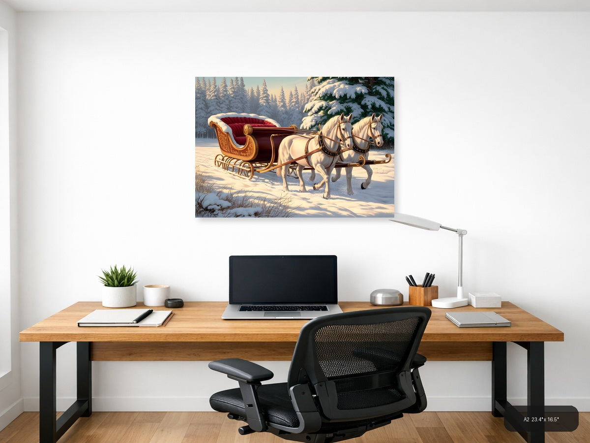 Vintage Christmas Sleigh with White Horses Wall Art — A2 / Office