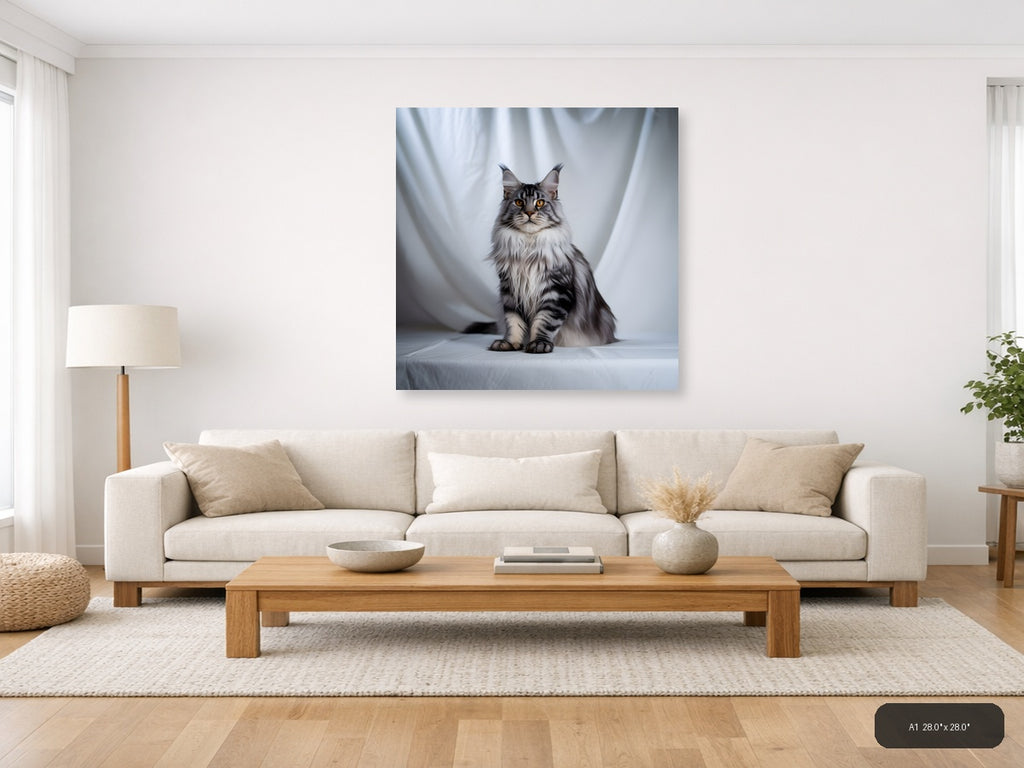 Gray Tabby Cat Portrait Minimalist Wall Art — A1 / Living Room