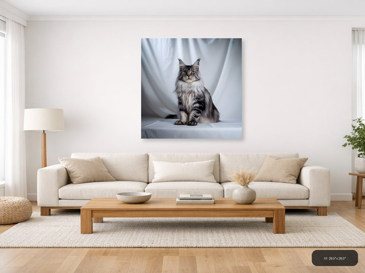 Gray Tabby Cat Portrait Minimalist Wall Art — A1 / Living Room