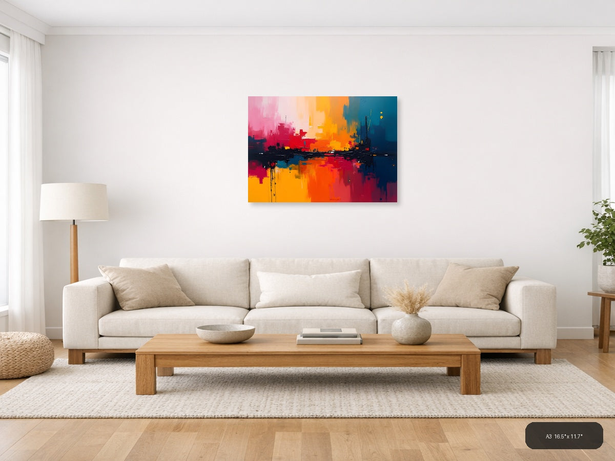 Vibrant Abstract Cityscape Sunset Reflection Wall Art — A3 / Living Room