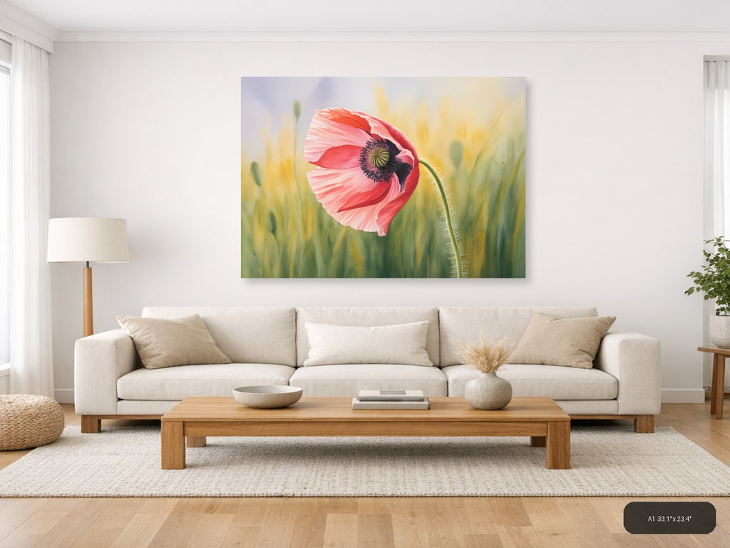 Pink Poppy Watercolor Flower Field Wall Art — A1 / Living Room