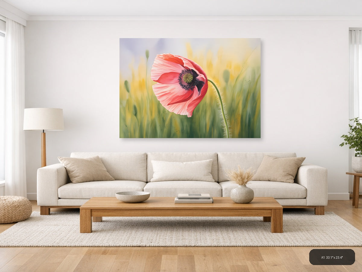 Pink Poppy Watercolor Flower Field Wall Art — A1 / Living Room