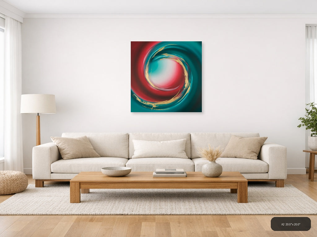 Teal Red Gold Spiral Abstract Modern Wall Art — A2 / Living Room