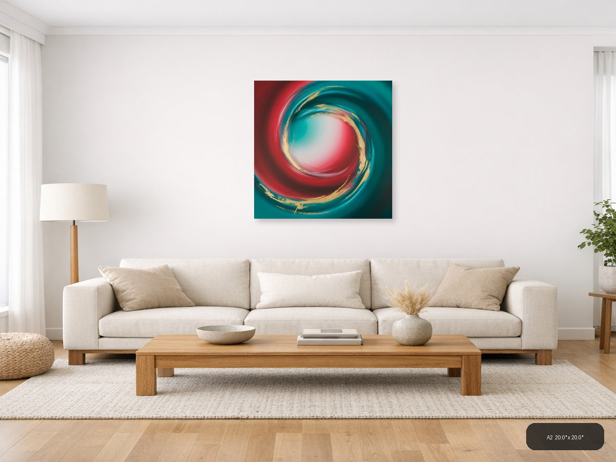 Teal Red Gold Spiral Abstract Modern Wall Art — A2 / Living Room