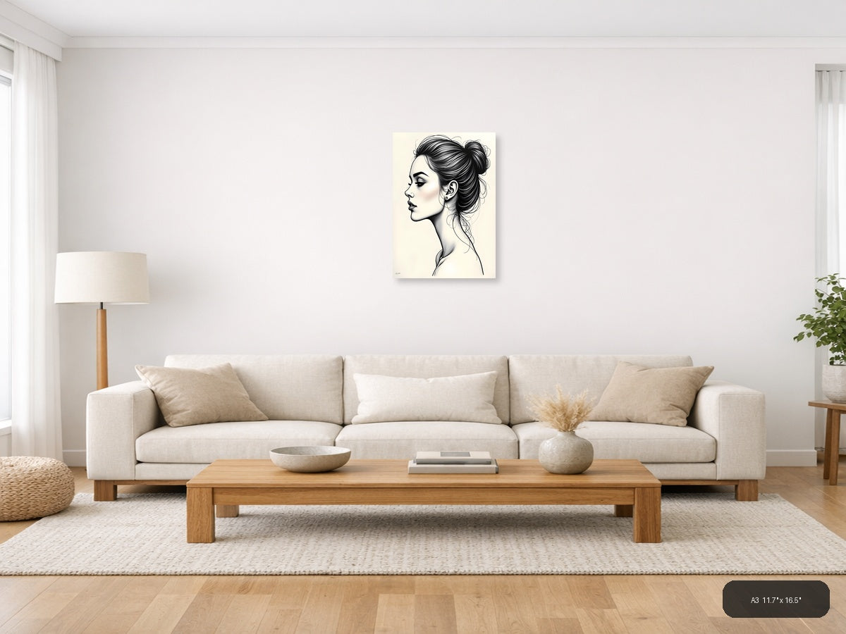 Profile Portrait Line Art Woman with Bun Hairstyle Wall Art — A3 / Living Room