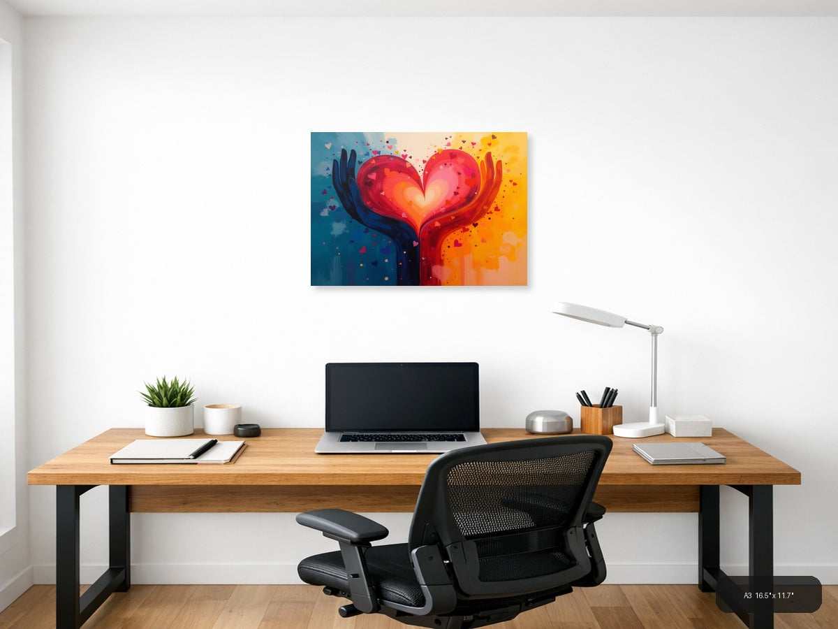 Glowing Heart in Hands Abstract Rainbow Canvas Print Wall Art — A3 (Office)