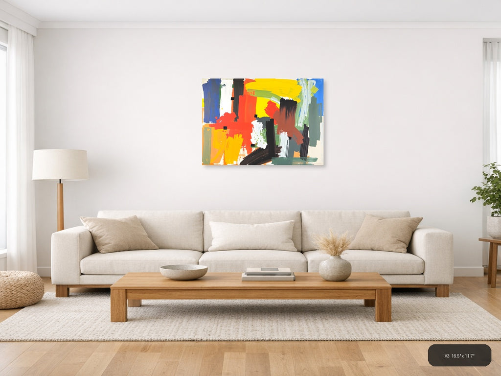 Vibrant Abstract Expressionist Composition Wall Art — A3 / Living Room