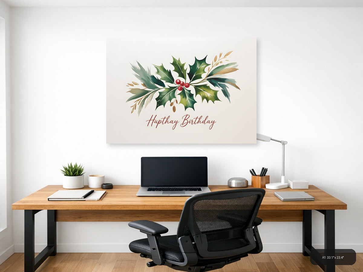 Hapthay Birthday Holly Watercolor Landscape Wall Art — A1 / Office