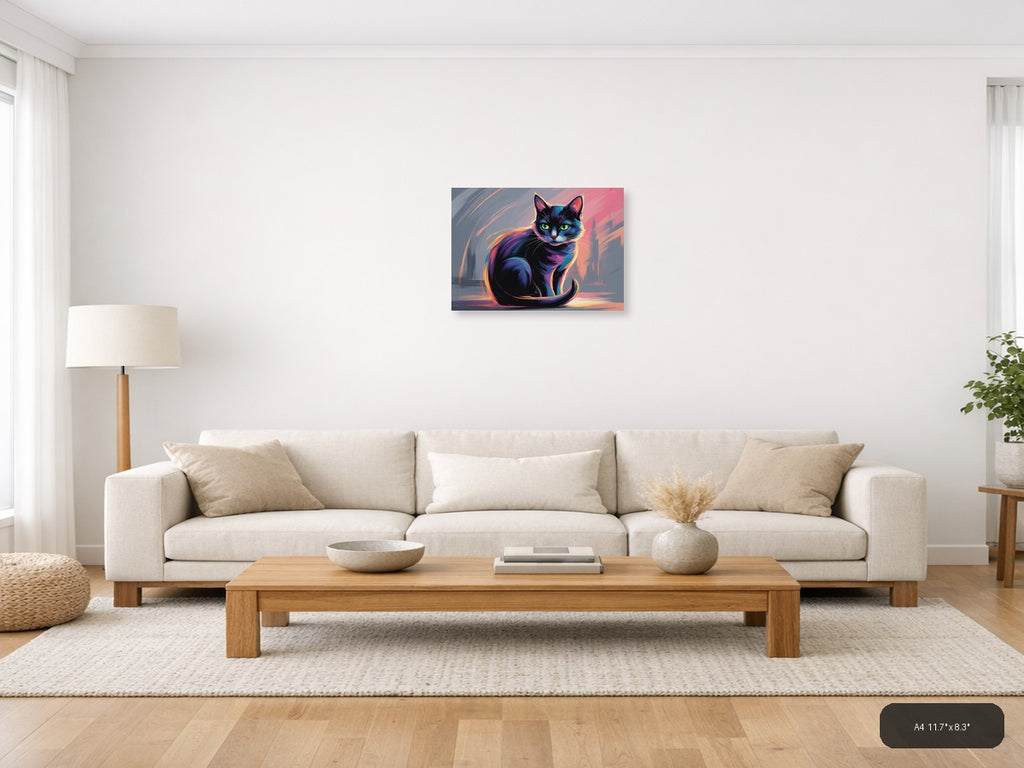 Neon Cat Abstract Glow Modern Wall Art — A4 / Living Room