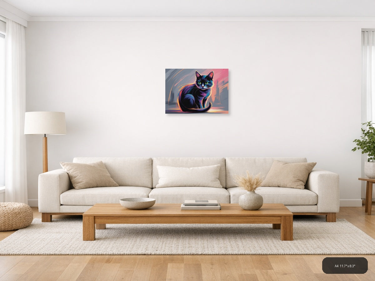 Neon Cat Abstract Glow Modern Wall Art — A4 / Living Room