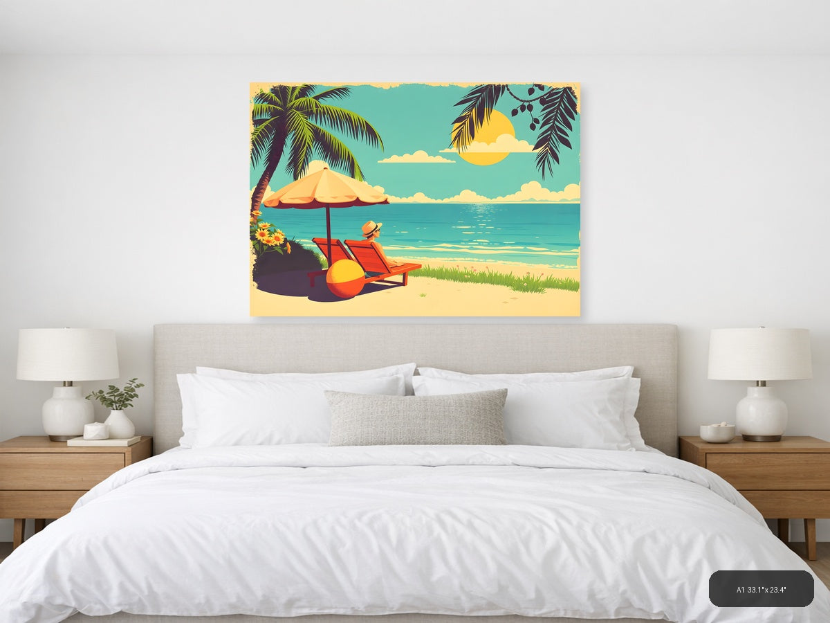 Vintage Beach Vacation Scene with Umbrella Wall Art — A1 / Bedroom