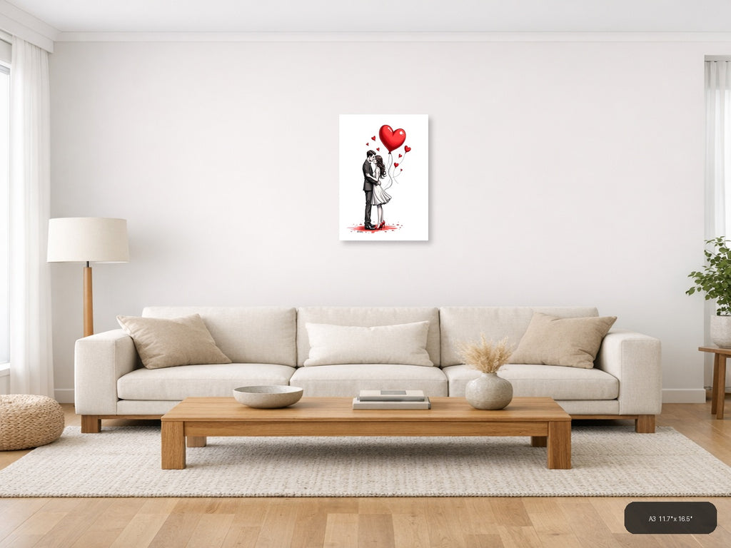 Couple Kissing Heart Balloons Line Art Wall Art — A3 / Living Room