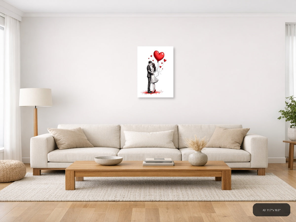 Couple Kissing Heart Balloons Line Art Wall Art — A3 / Living Room