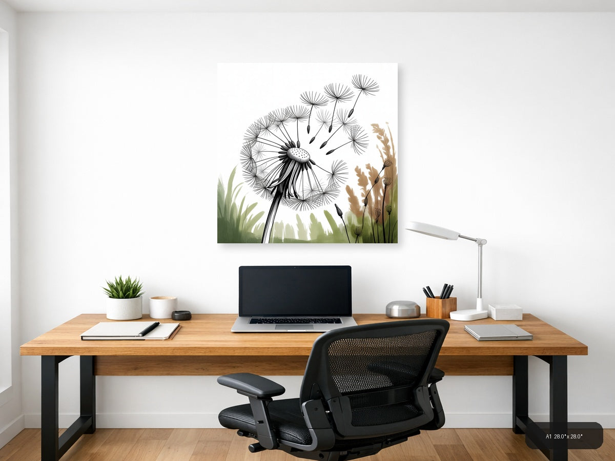 Dandelion Line Art Black Ink Botanical Wall Art — A1 / Office