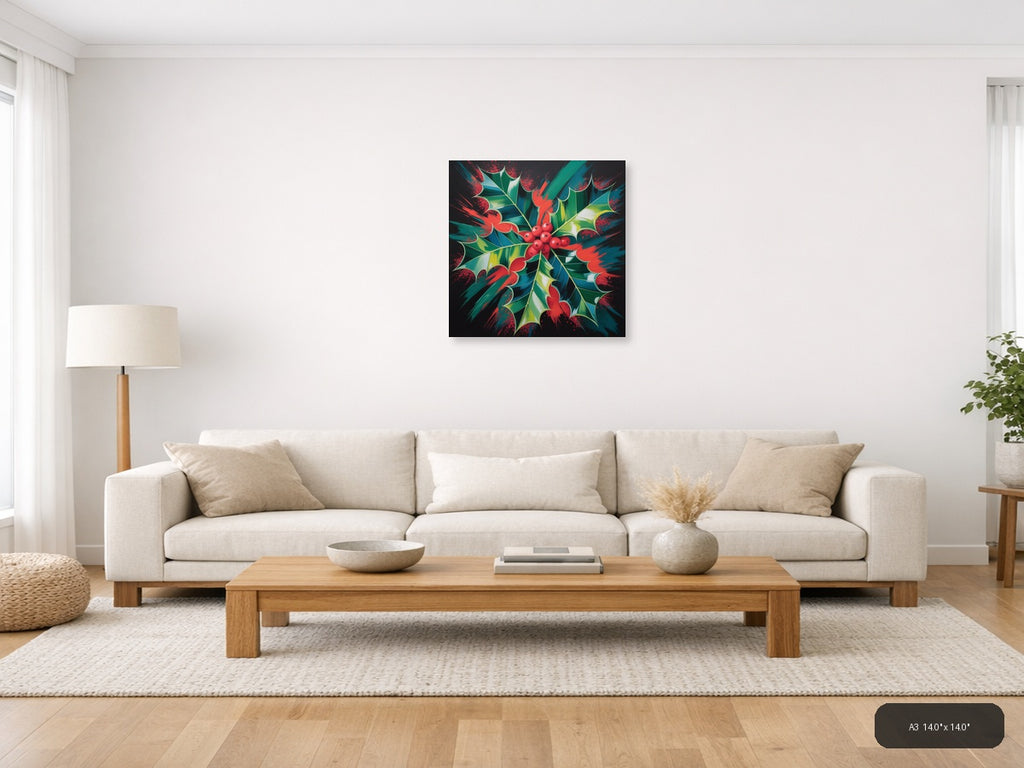 Abstract Holly Berry Red Green Festive Modern Wall Art — A3 / Living Room