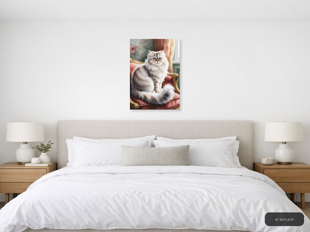 Fluffy White Cat Portrait Watercolor Wall Art — A2 / Bedroom