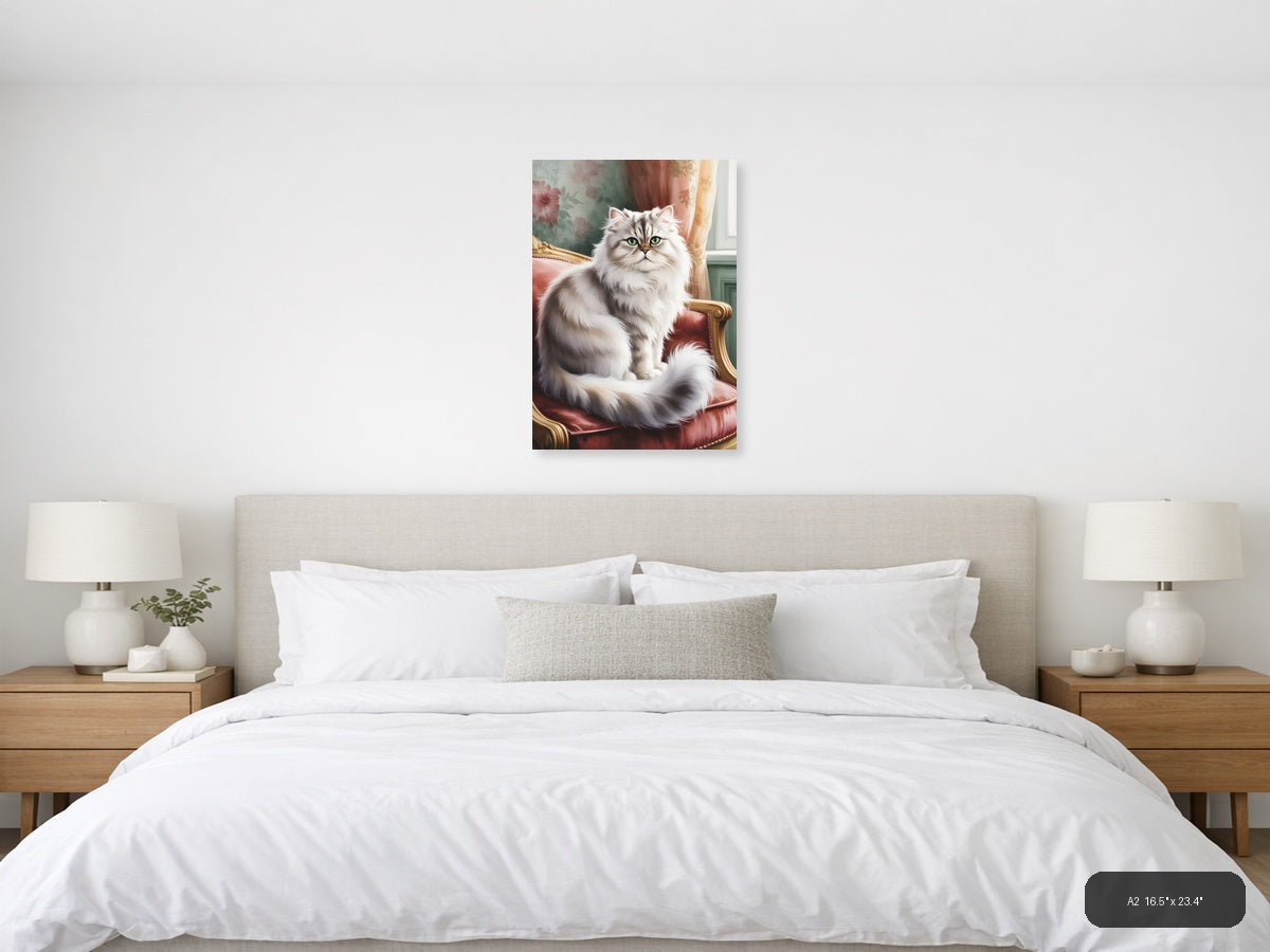 Fluffy White Cat Portrait Watercolor Wall Art — A2 / Bedroom