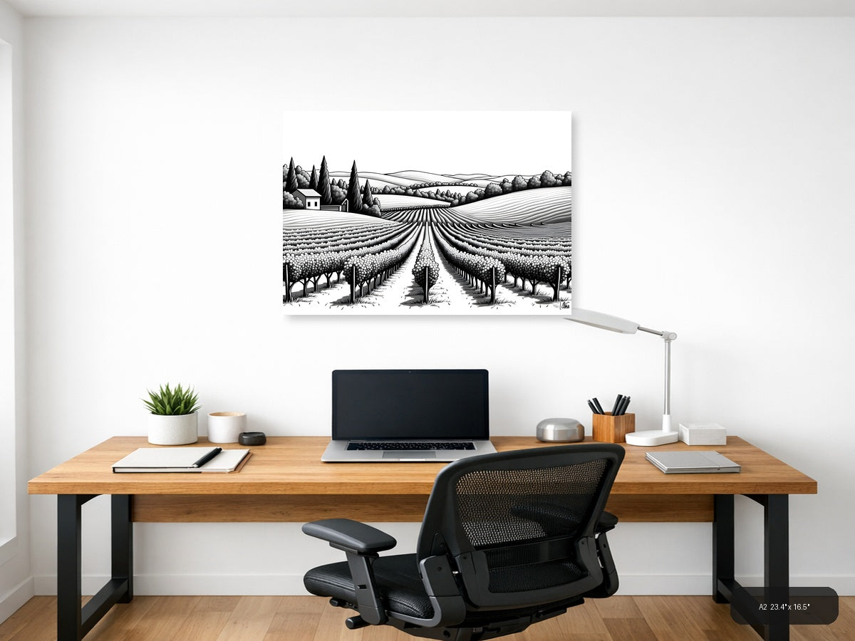 Tuscan Vineyard Landscape Line Art Wall Art — A2 / Office