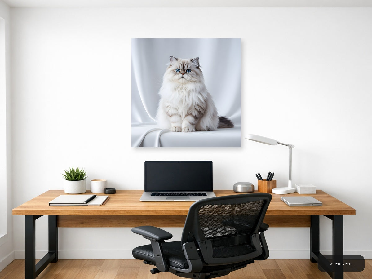 Minimalist White Persian Cat Blue Eyes Square Wall Art — A1 / Office