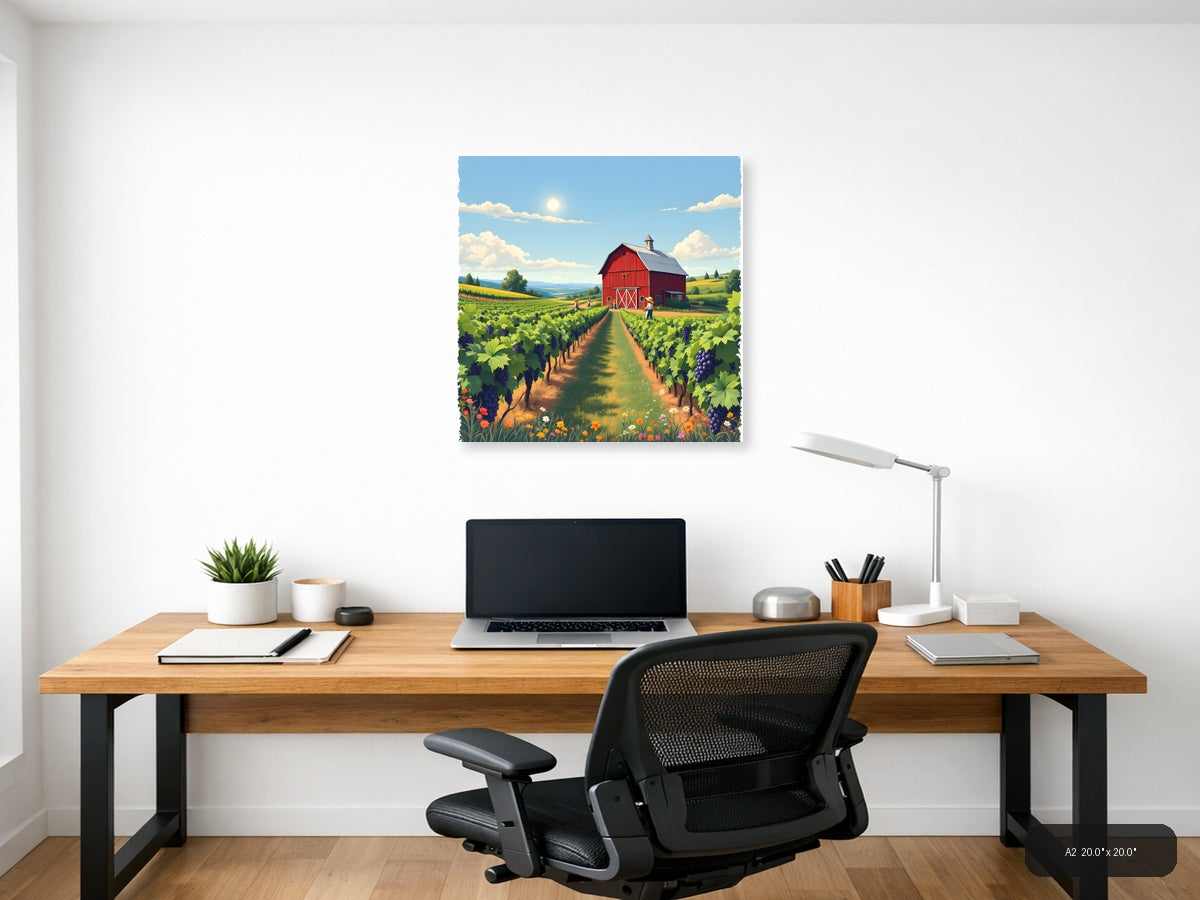 Vintage Vineyard Farm with Red Barn and Workers Wall Art — A2 / Office