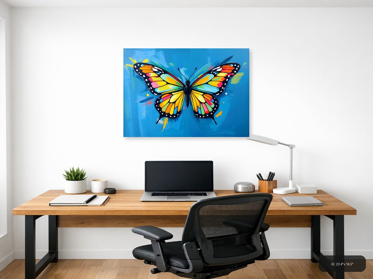 Vibrant Rainbow Butterfly Abstract Blue Wall Art — A2 / Office