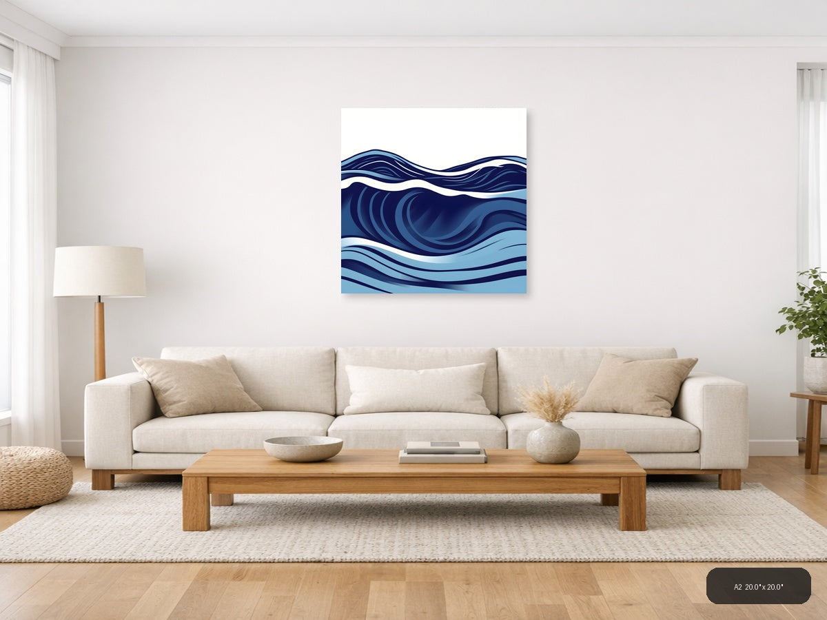 Abstract Ocean Waves Minimalist Blue Wall Art — A2 / Living Room