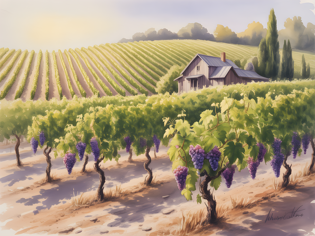 Tuscan Vineyard Landscape Watercolor Wall Art