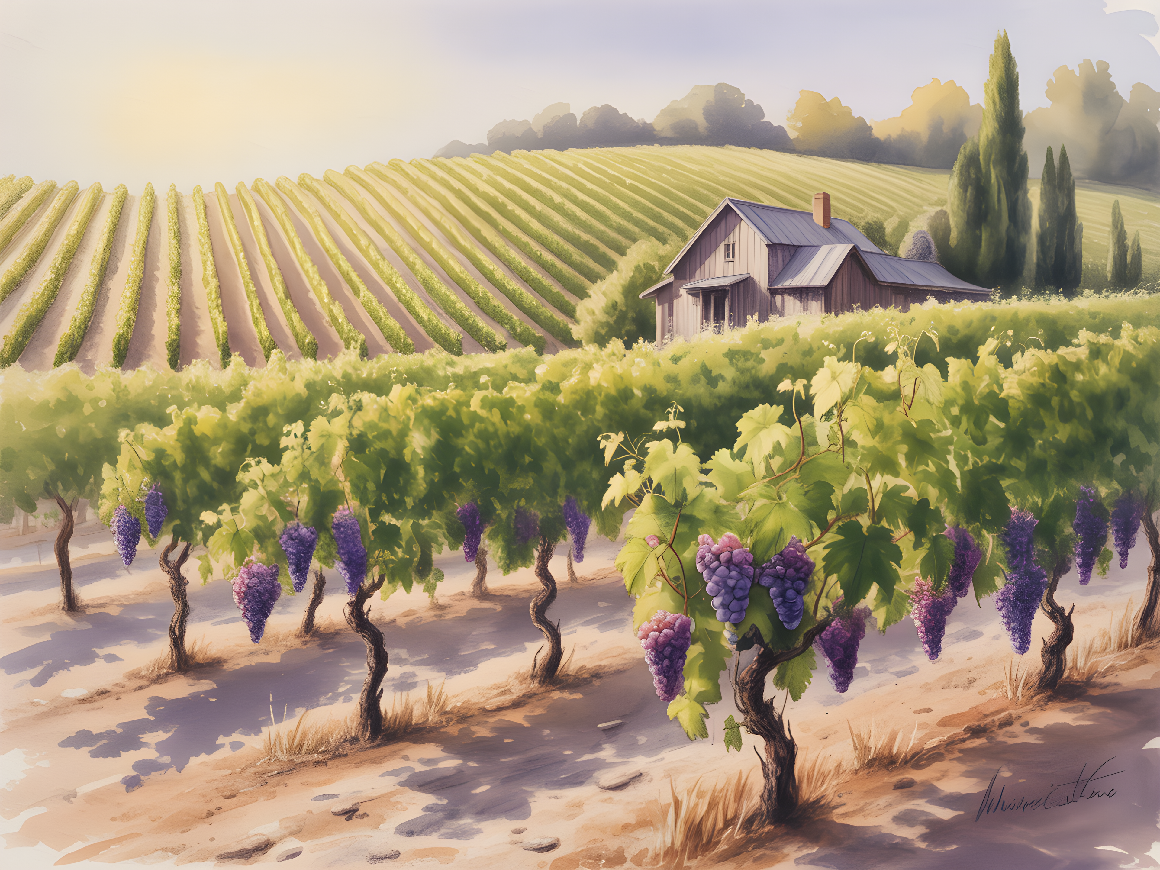 Tuscan Vineyard Landscape Watercolor Wall Art