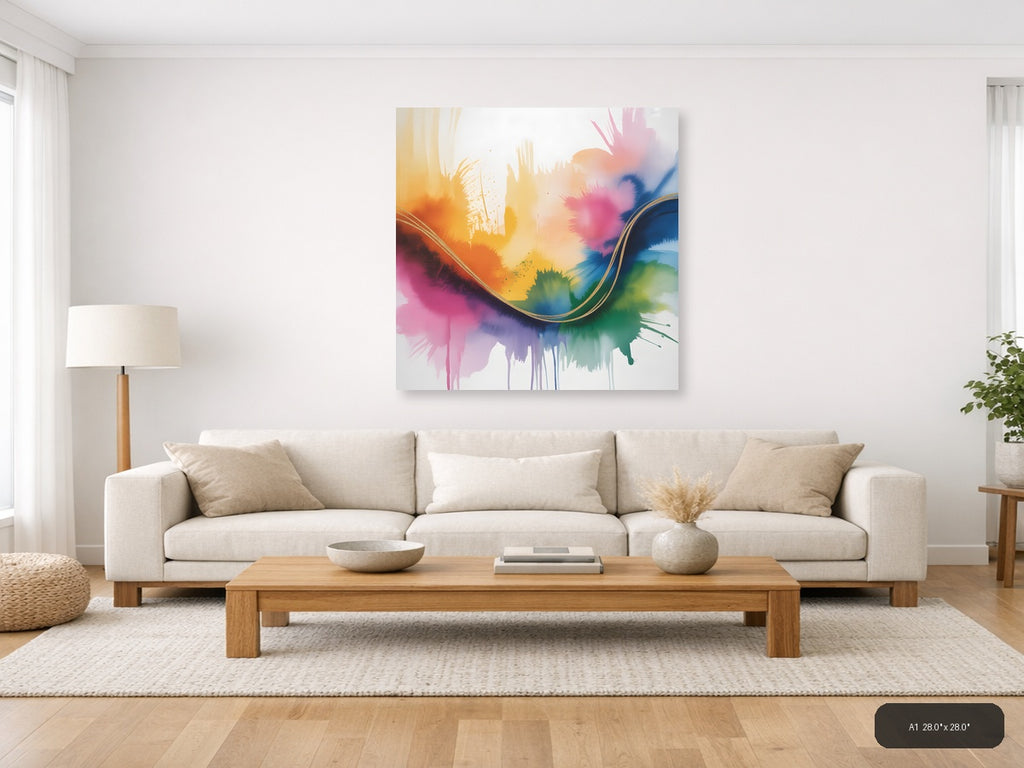 Colorful Watercolor Abstract Wave with Gold Line Wall Art — A1 / Living Room