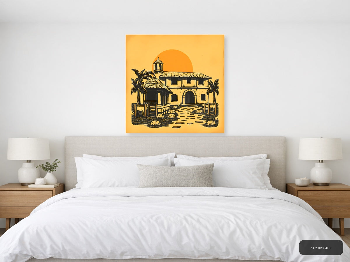 Vintage Desert Mission Church with Palm Trees Wall Art — A1 / Bedroom