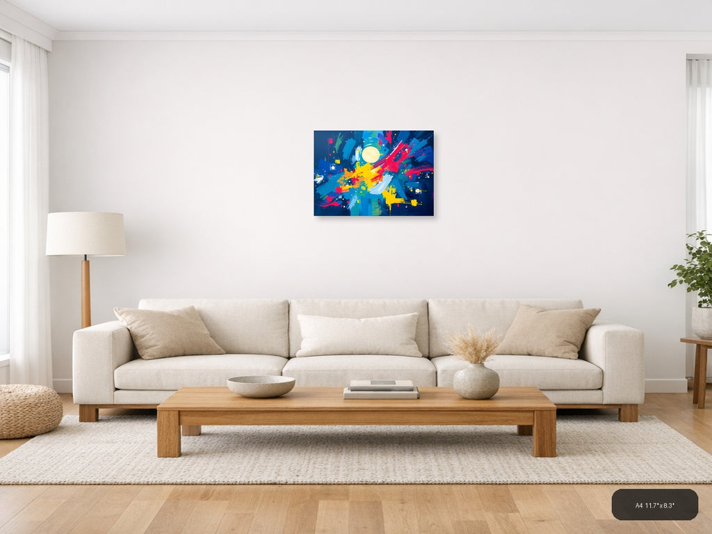Abstract Cosmic Explosion with Moon & Burst Colors Wall Art — A4 / Living Room