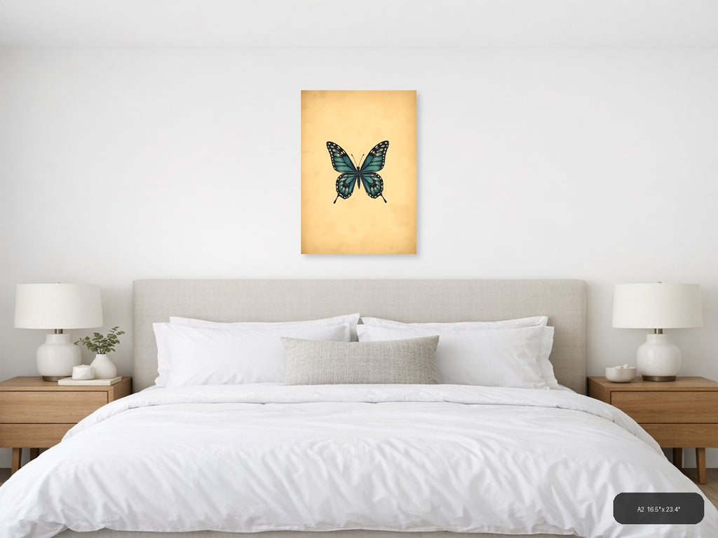 Vintage Teal Butterfly Illustration Wall Art — A2 / Bedroom