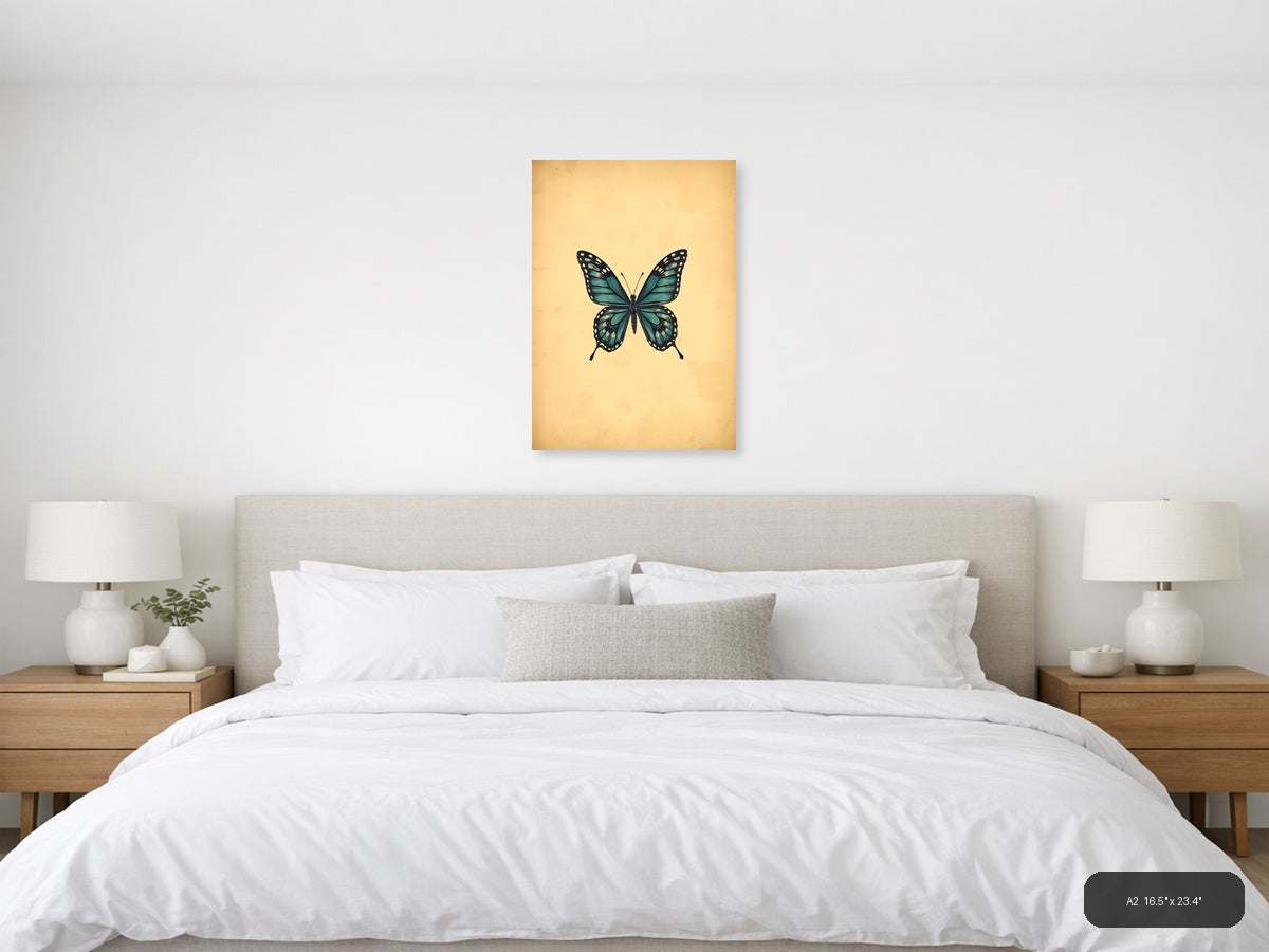 Vintage Teal Butterfly Illustration Wall Art — A2 / Bedroom