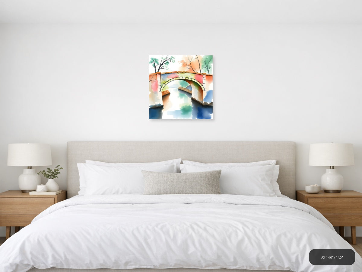 Stone Bridge Over Colorful Water Watercolor Wall Art — A3 / Bedroom