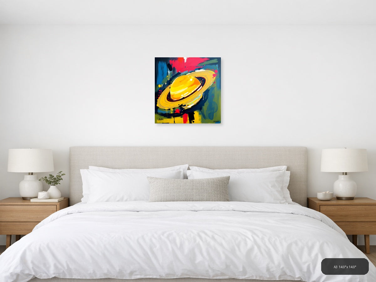 Abstract Yellow Planet with Rings - Modern Space Wall Art — A3 / Bedroom