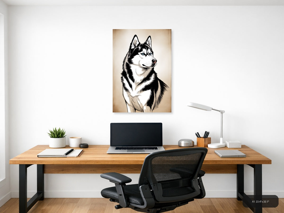 Siberian Husky Portrait Line Art Black & White Wall Art — A1 / Office