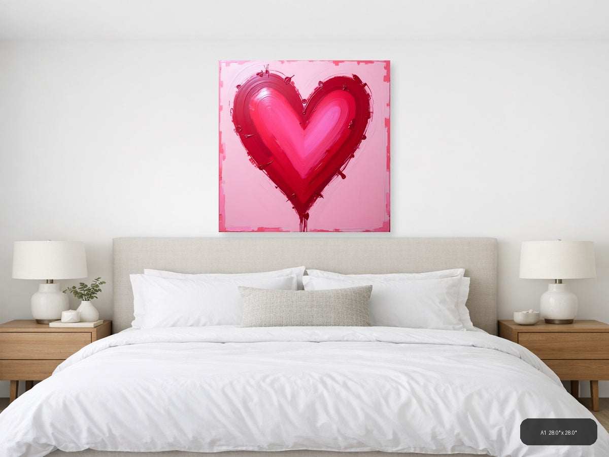 Abstract Red Heart Painting on Pink Background Wall Art — A1 / Bedroom
