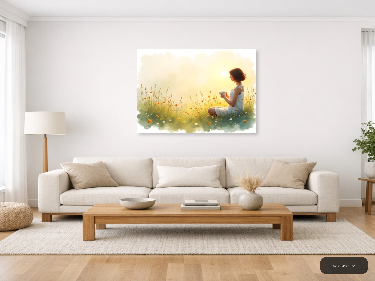 Woman in Wildflower Field at Sunrise Watercolor Wall Art — A2 / Living Room